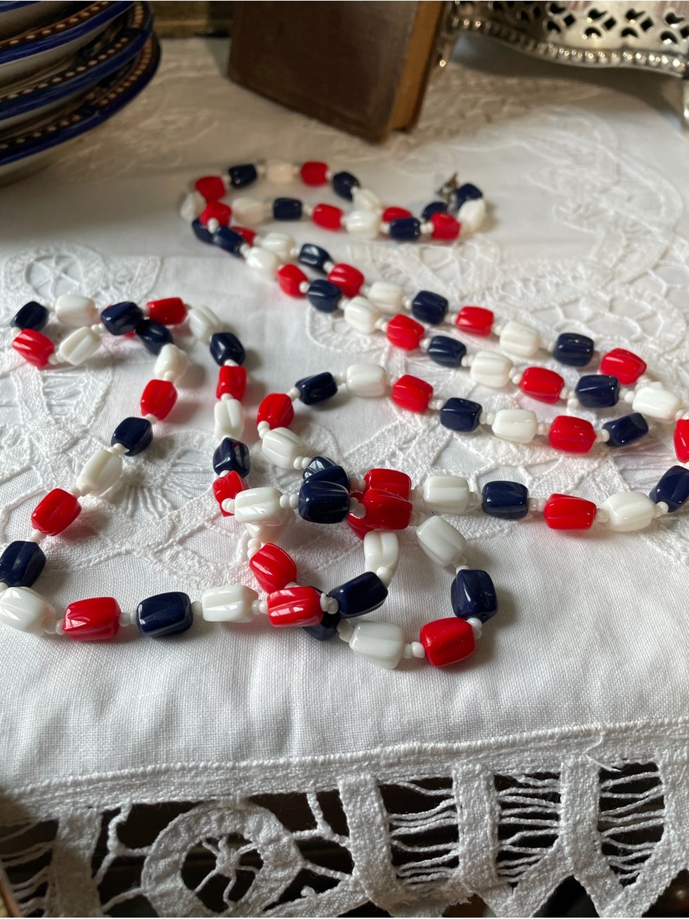 Red white blue beaded 1960’s vintage long necklace